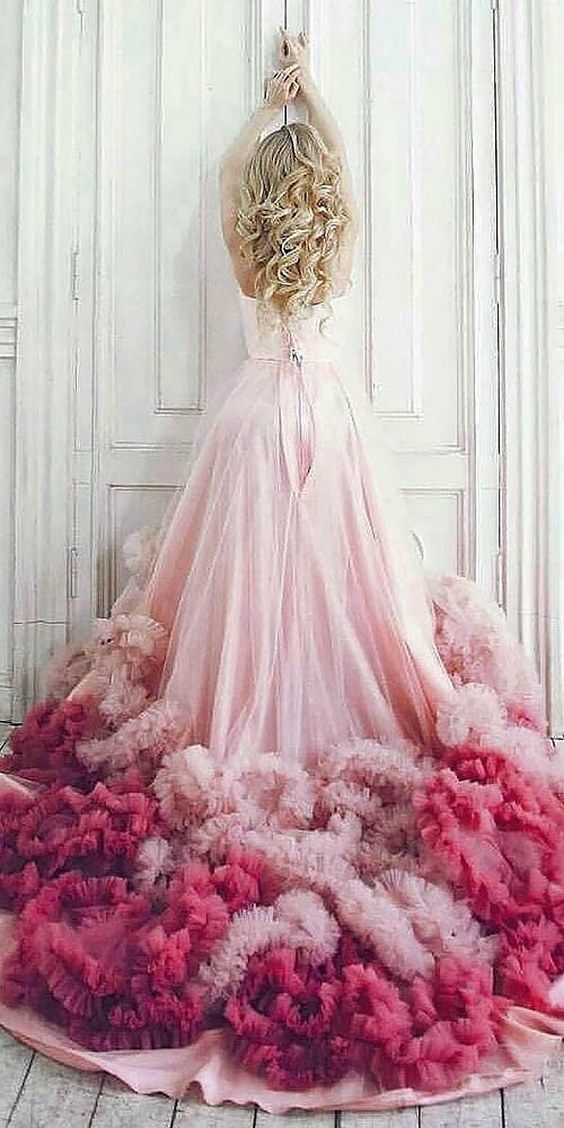 pink ombre ruffles wedding dresses