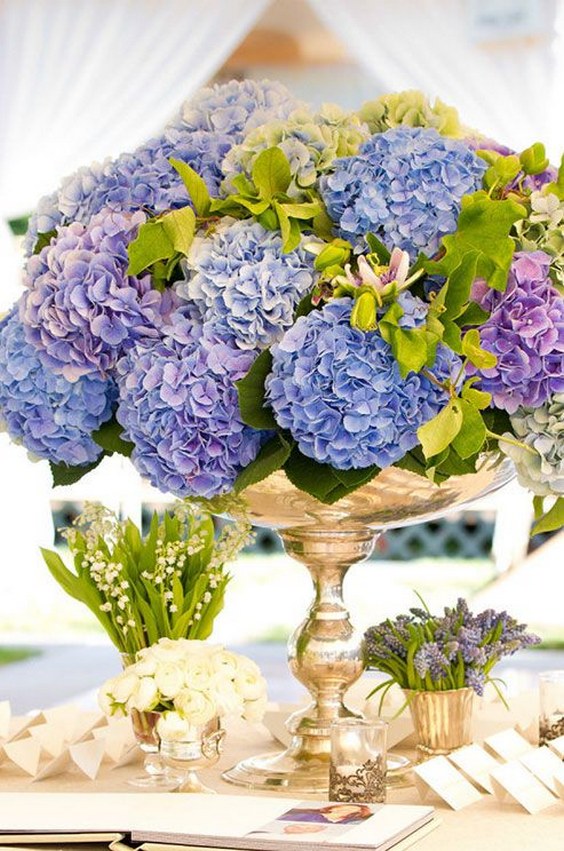 silver vessel makes these blue and purple hydrangea blooms