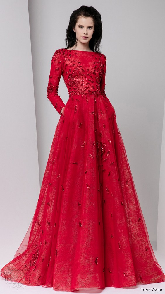 tony ward fall 2016 rtw long sleeve boat neck illusion bodice a line evening gown red color pockets embellished