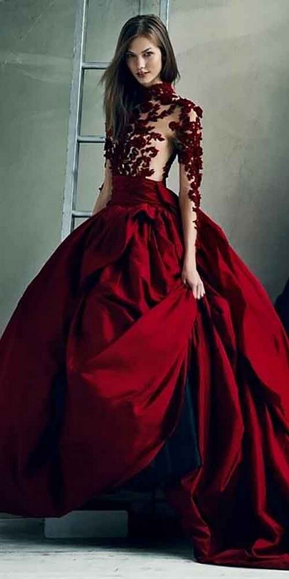 vera wang red wedding dress with long sleeves
