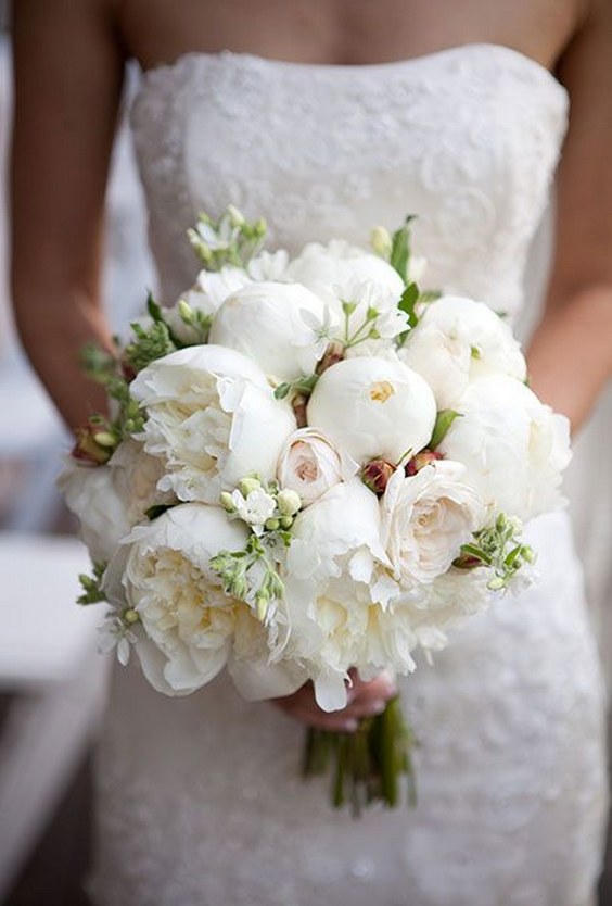 wedding bouquet with coral charm peonies, succulents, and proteas via Sarah Falugo Photography