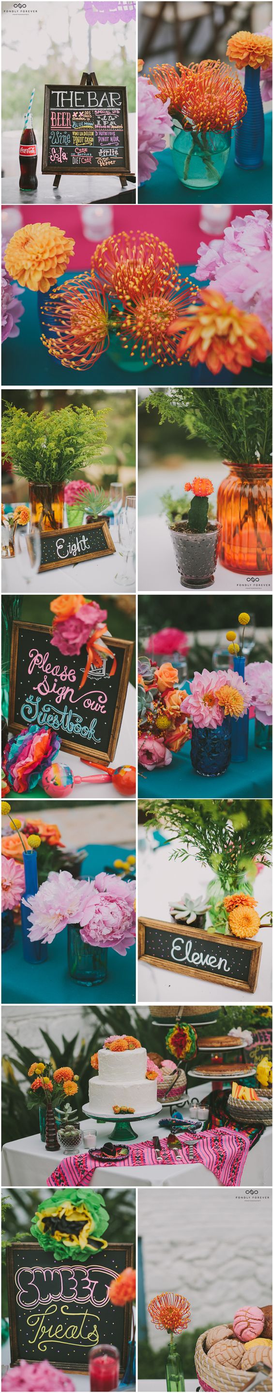 Colorful fiesta-themed flowers and reception decor