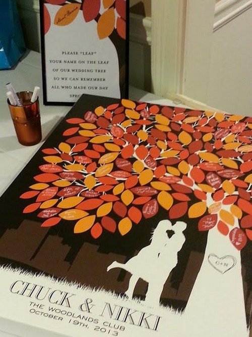 Fall wedding guest signatures on leaves on a tree painting