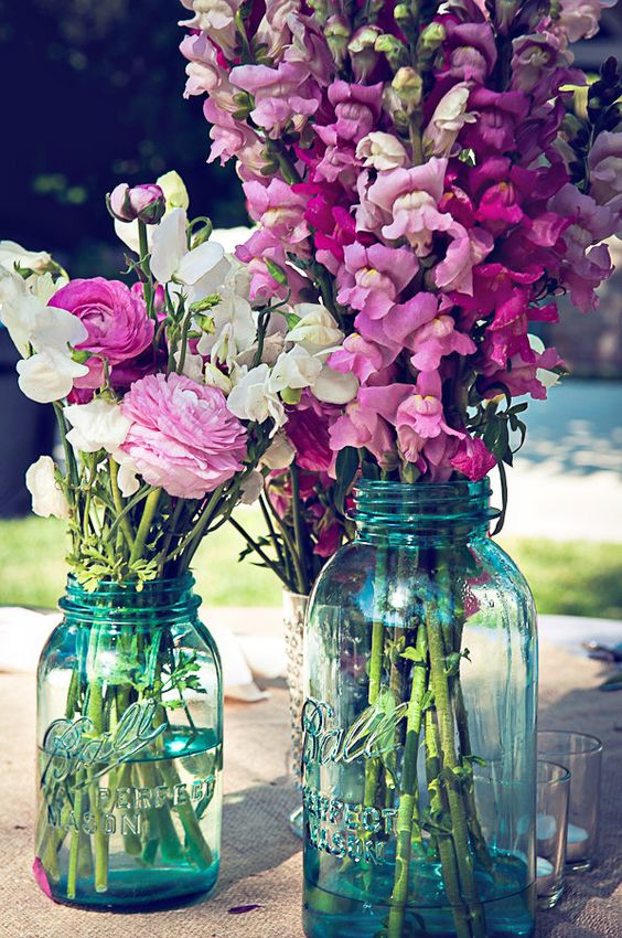 Sweet peas purple blue mason jar wedding centerpiece