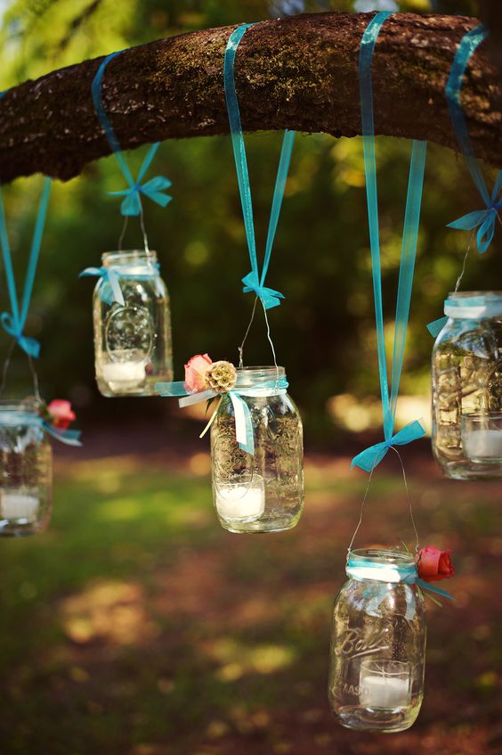 wildflowers in blue mason jar boho wedding centerpiece
