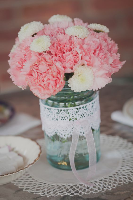 vintage pink mason jar wedding centerpiece