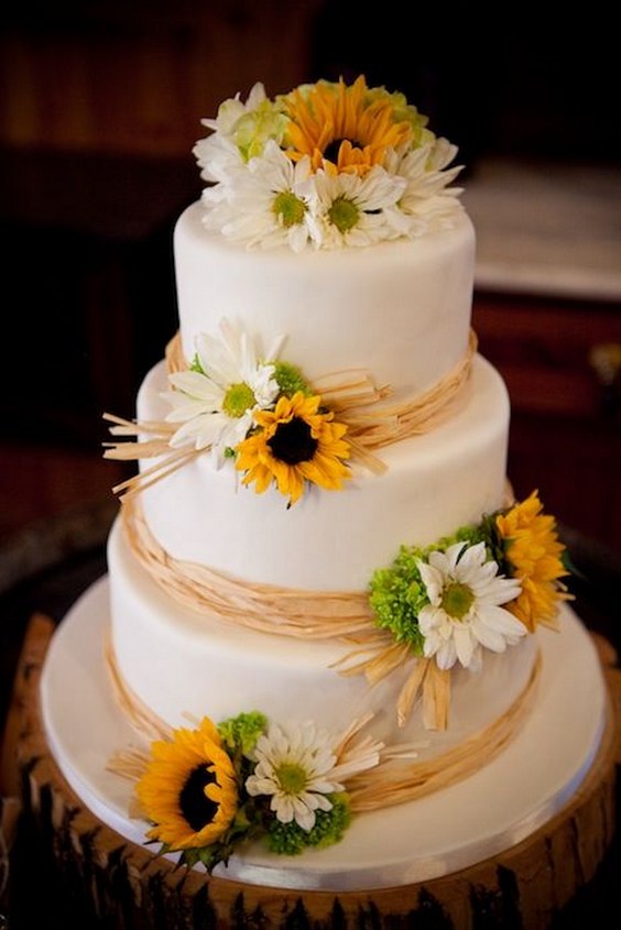 3 tier white fondant, Raffia trim and fresh Sunflowers Wedding Cake J Morris Flowers