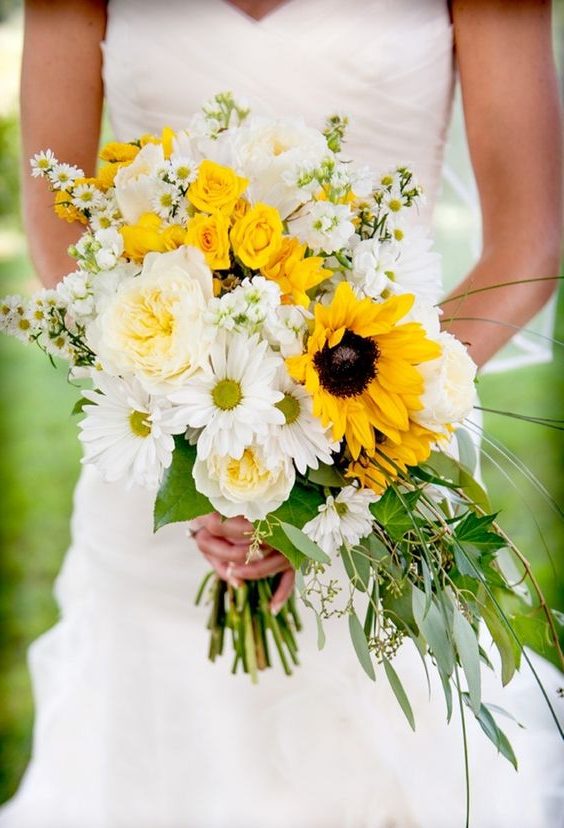 Bouquet of sunflowers, roses, daisies, asters