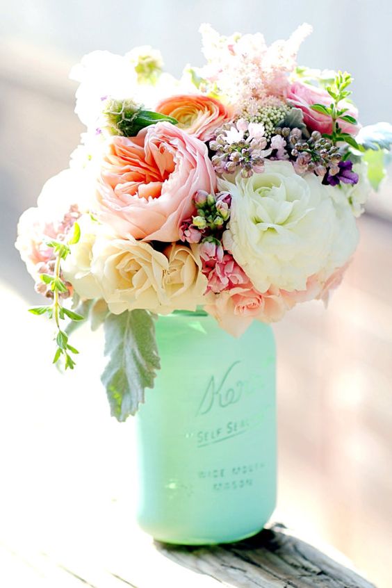 Wedding Decor Centerpiece Painted Mason Jars Peach Mint Blush Vase