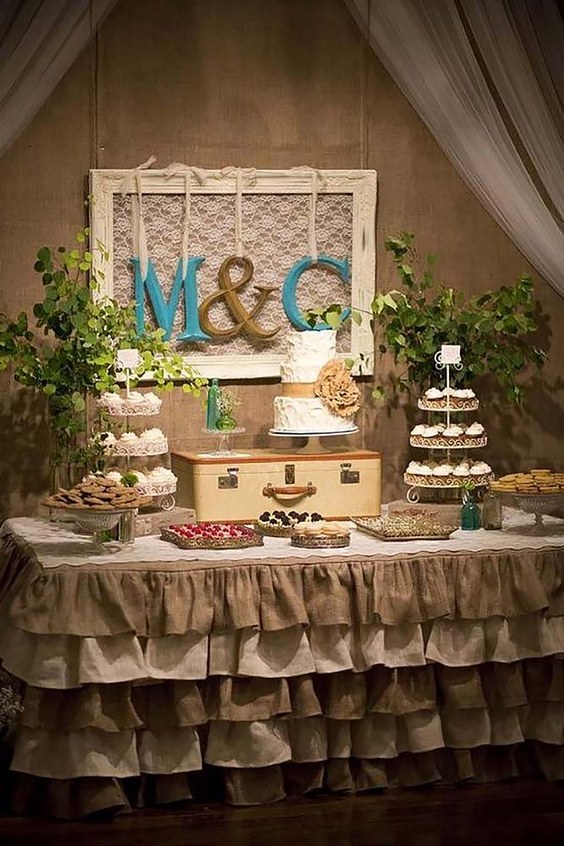 burlap and lace wedding dessert table ideas