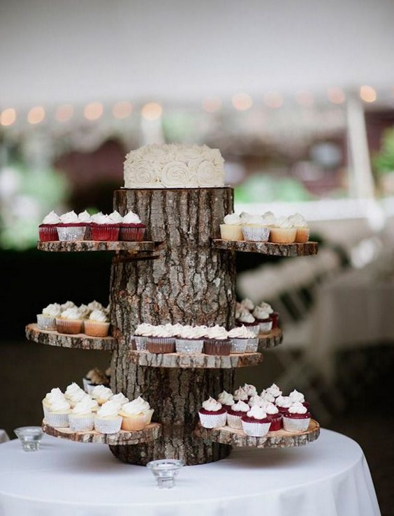 country tree stump wedding dessert table