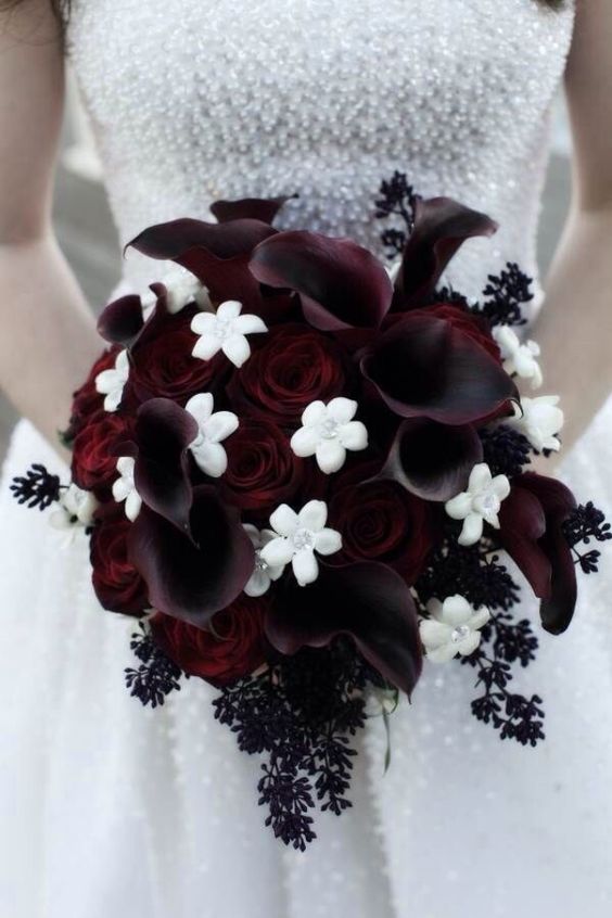 dark red and white halloween wedding bouquet