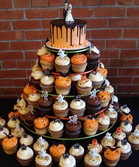 haloween wedding cake and cupcakes