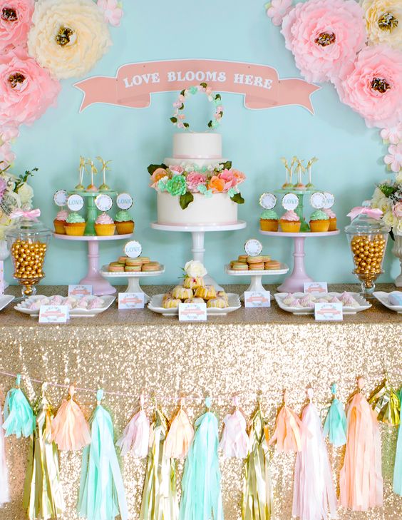 mint and pink wedding dessert table