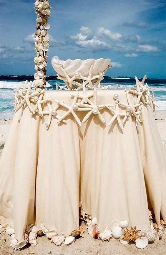 Ceremony table decorated with shells, starfish, and pearls