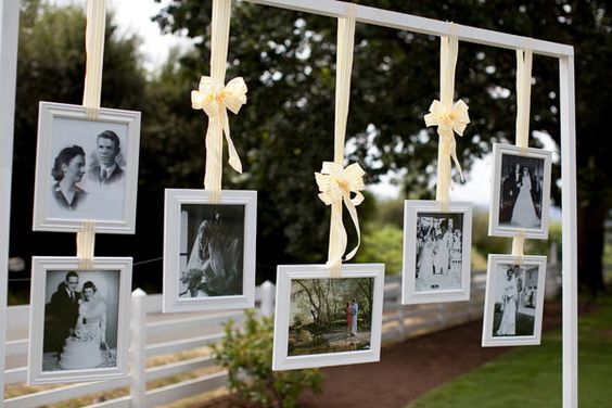 rustic country old door and family photos wedding decor