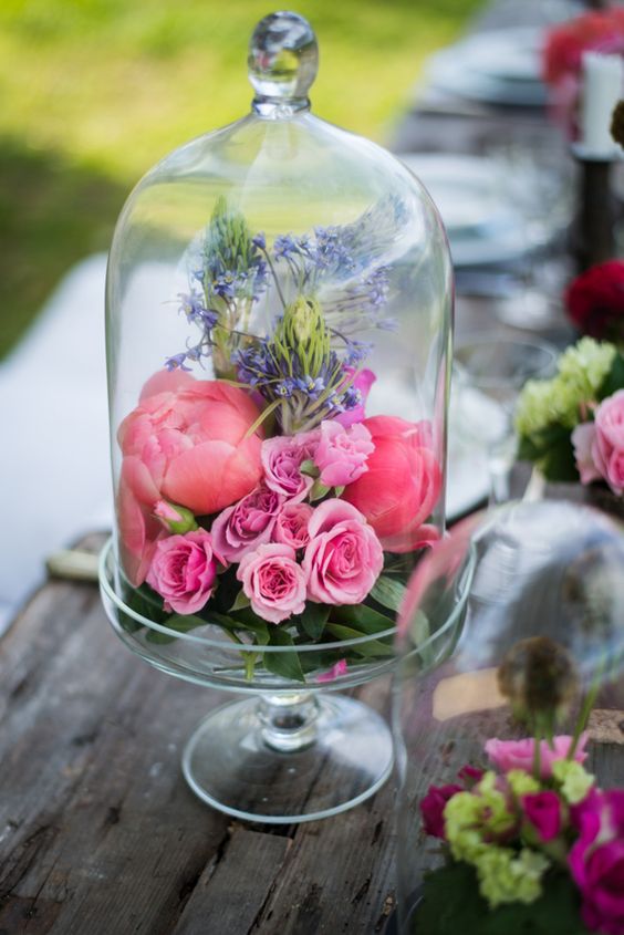 Flowers under Glass Cloche Wedding Centerpiece