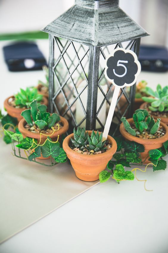 Potted Succulent and Lantern Centerpieces
