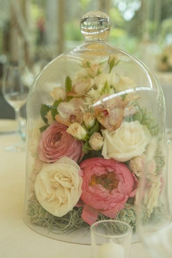 flowers in bell jar wedding centerpiece