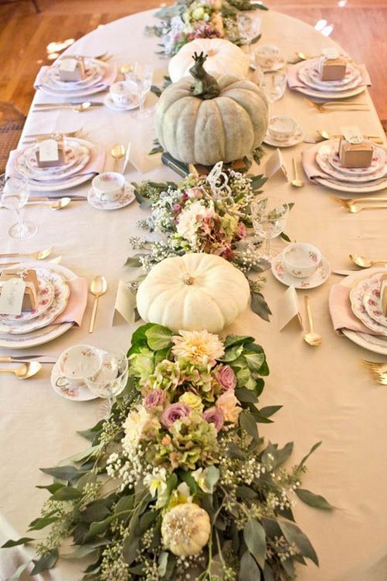 garden wedding flower table runner with pumpkins