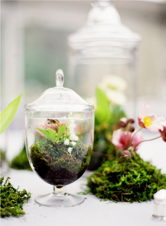 spring flowers and moss in glass cloche wedding centerpiece