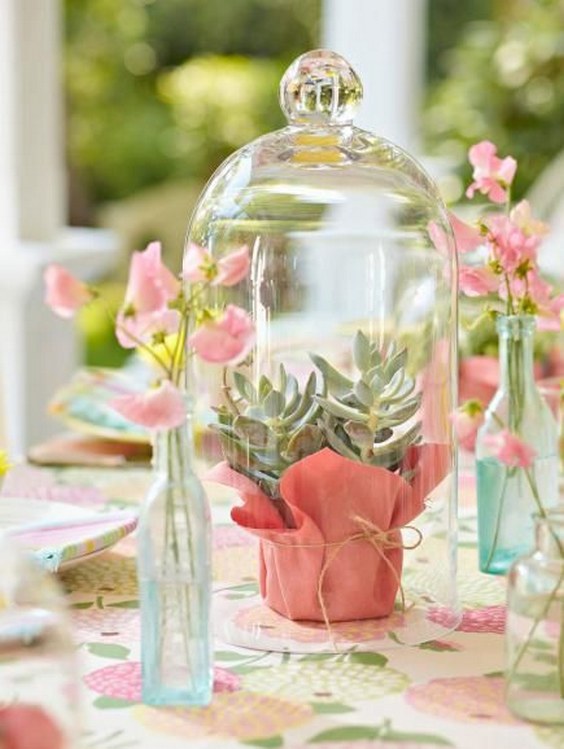 succulents in bell jars wedding centerpiece