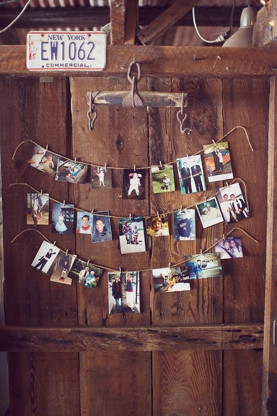 use twine and clothespins to display pictures of the bride and groom for easy DIY wedding decor