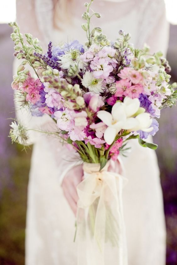 delphinium, lavender and other wildflowers wedding bouquet