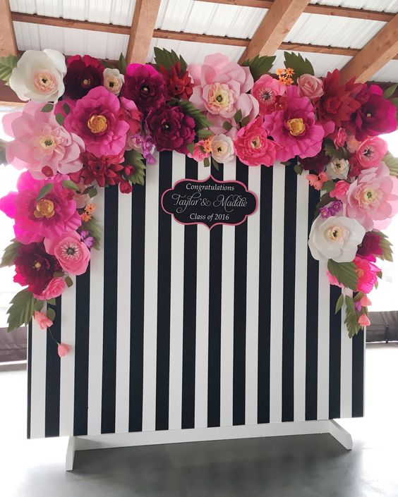 black and white with pink flowers wedding centerpiece