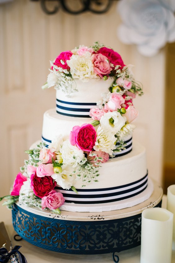 nautical and pink flowers wedding cake