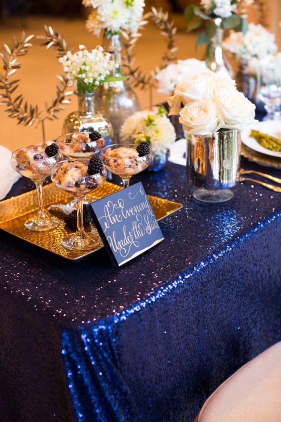 elegant sparkly barn wedding ideas in gold blue