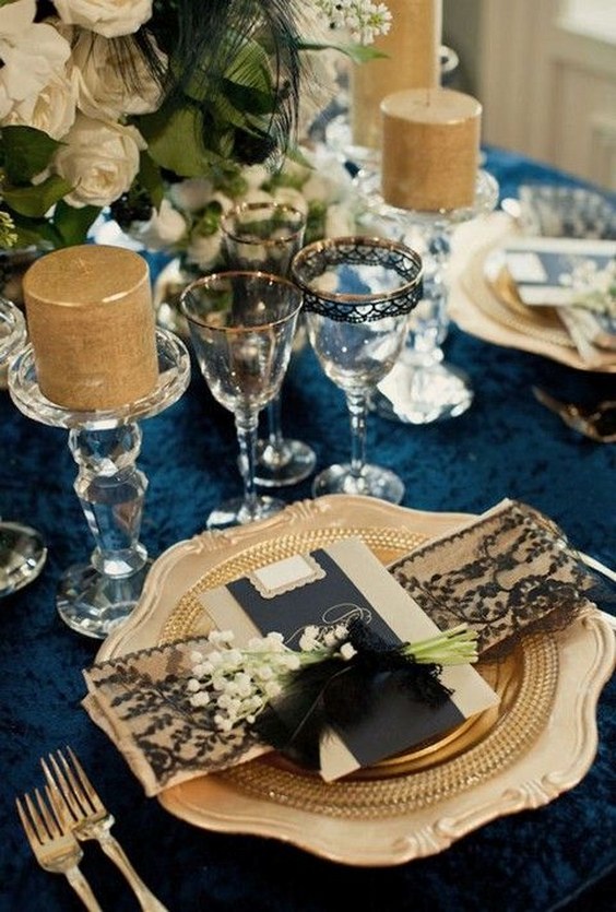 navy and gold wedding table decor