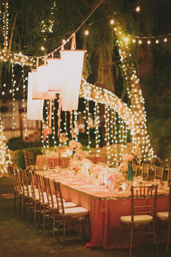 Rustic String Bistro Lights Wedding Decor Ideas 43