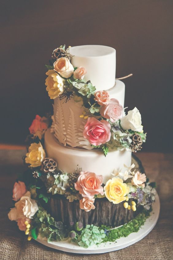 whimsical cake log flowers forest wedding cake