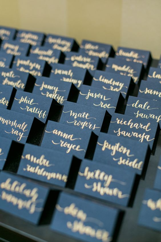 navy and gold wedding escort cards
