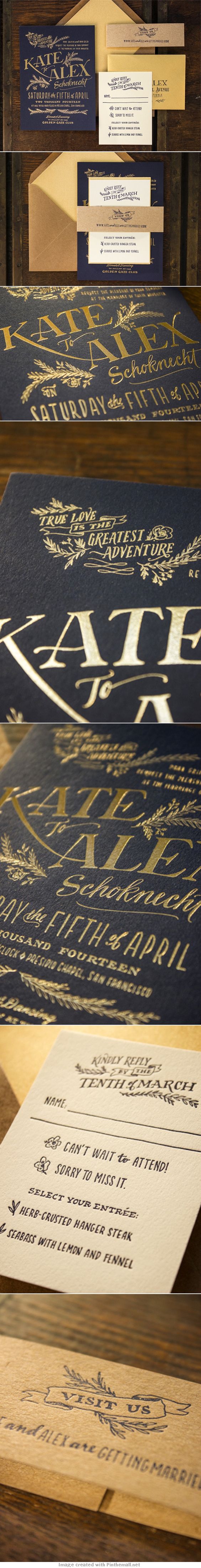 navy blue and gold wedding invite
