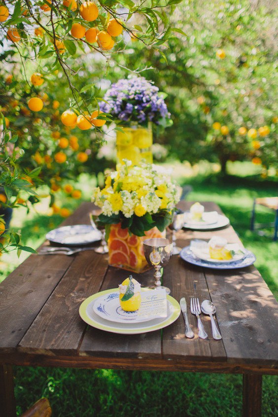 outdoor citrus wedding centerpiece