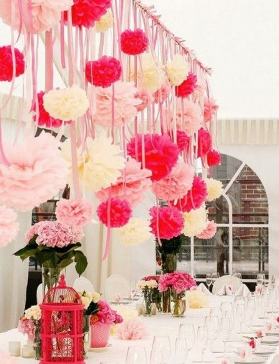 pink and red pom poms wedding decor