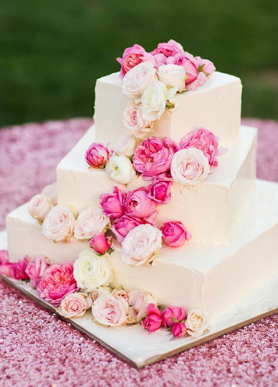 pink three tier square wedding cake dresses in elegant flowers