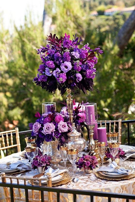 purple tall centerpiece for wedding
