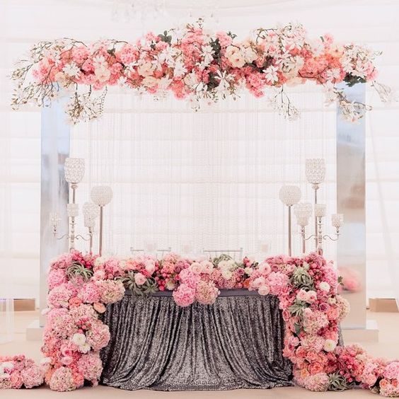 wedding table decor with pink wedding flowers