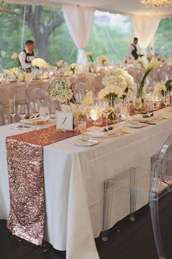 blush rose gold sequin table runner and tablecloth