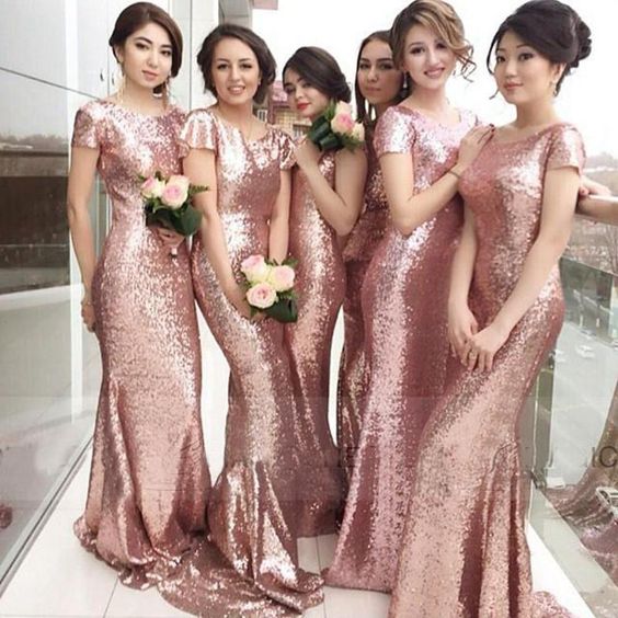 rose gold sequin short sleeves bridesmaid dresses