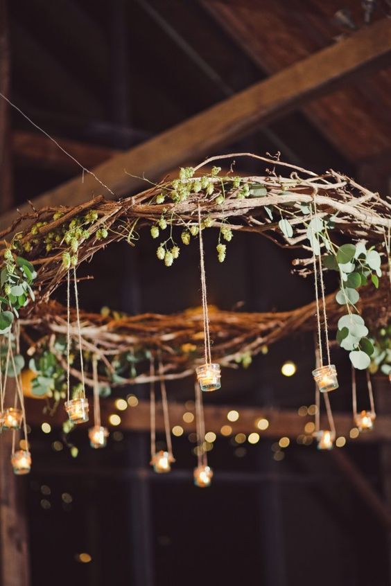 rustic branch chandelier with hanging votives