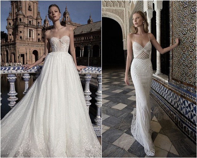 long sleeve v shape back design wedding dress with elegantly long bridal train via alon livne