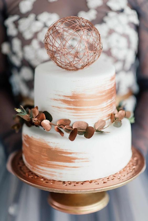 brushed with rugged copper strokes wedding cake