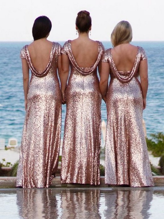 floor length rose gold and navy sequin dresses
