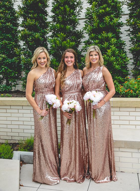 floor length rose gold sequined bridesmaid dresses