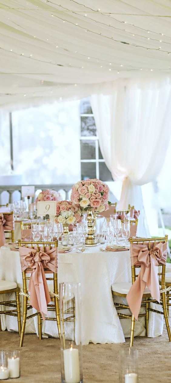 rose gold pink wedding tablescape and reception decor