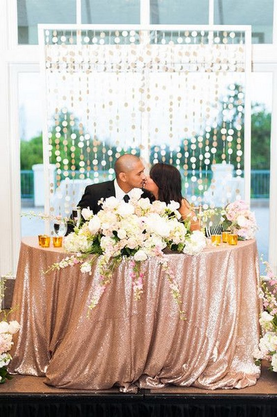 rose gold sequin linens wedding table decor
